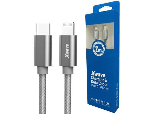 Xwave Kabl USB Tip-C za IPHONE 2M 3A,lightning aluminium,upleteni,tamno sivi