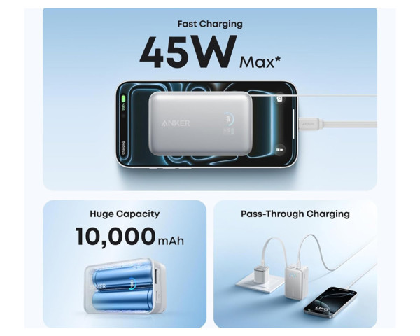 ANKER Nano 10000mAh, 45W, sa ugrađenim USB-C kablom na izvlačenje, Power Bank beli (MOB03211)