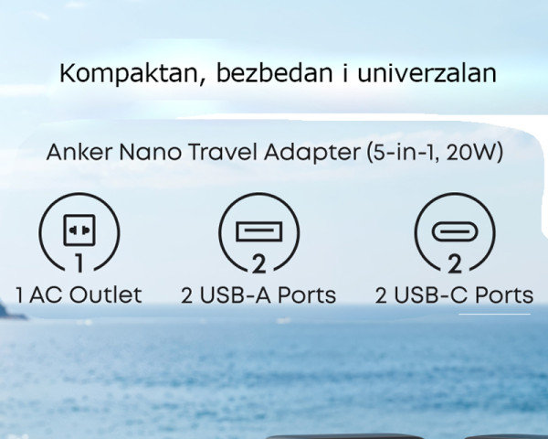 ANKER Nano 20W putni zidni punjač 5-portova (2x USB-A, 2x USB-C, utičnica EU na US, UK, AU i EU), crni (MOB03325)