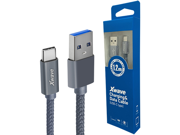 Xwave Kabl USB Tip C  muški na Tip A   muški  1.2M   3A, PVC tamno sivi pleteni