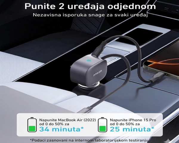 ANKER Nano 75W, sa ugrađenim USB-C kablom na izvlačenje i USB-C portom, auto punjač (MOB03324)