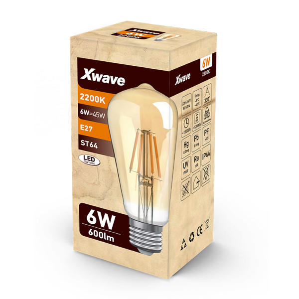 Xwave E27 6W SL-F-S6-A Filament Sijalica 2200K/ST64,Golden/220V,600Lm,toplo bela