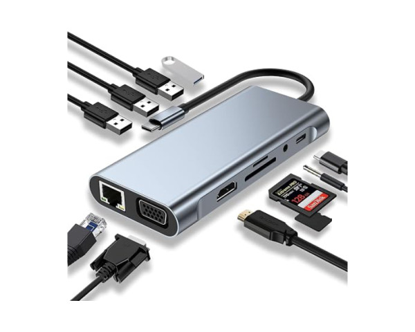 E-GREEN Multiport USB 3.1 tip C (M) - 2 x HDMI + VGA + 3 x USB 3.0 + 1 x tip C-(PD 100W) + USB 2.0 + 3.5mm + SDTF + RJ45 (F)1000 Mbps (12 u