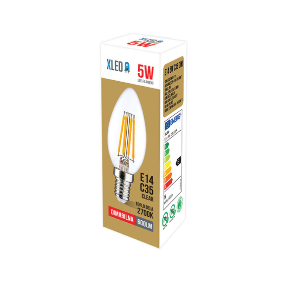 Xled  E14 5W C35 Filament Sijalica dimabilna,2700K,220V,600Lm,35*98mm,Ra≥80 PF≥0.5 Clear