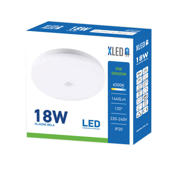 XLED 18W 6500K Nadgradna okrugla LED plafonjera,PIR Sensor 1440LM φ300*60mmRa≥80 PF≥0.5 PPIP20